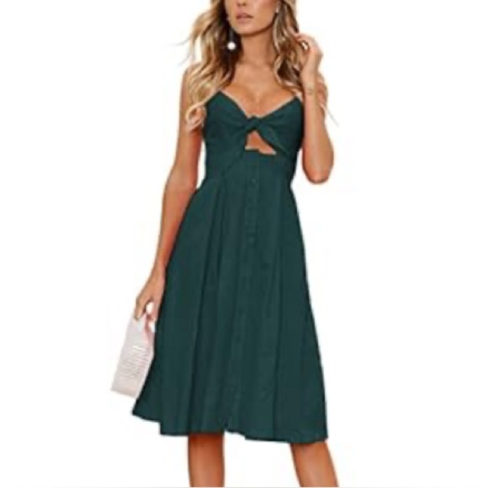 Tie Front V Neck Spaghetti Strap Button Down A-Line Backless Swing Dress